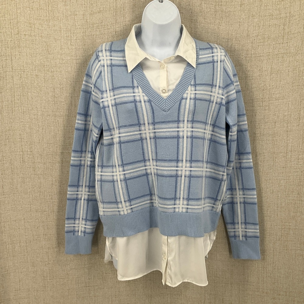Adrienne Vittadini Sweater Womens M Blue Plaid Layered Preppy Top Academia